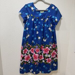 Vintage Ui-Maikai 1960s Blue Pink Floral Hawaiian Muu Muu Maxi Dress 100% Cotton